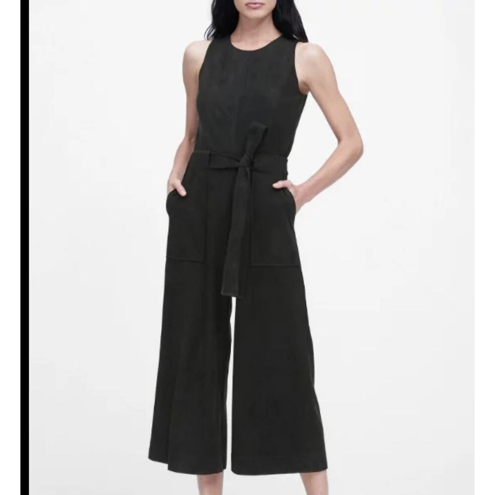 Banana Republic Sz 14 Vegan Suede Cropped Wide-Leg Jumpsuit Black Modern Chic